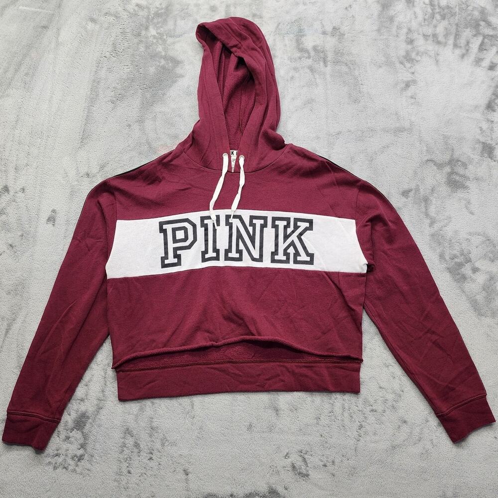 PINK Victoria's Secret Hoodie Womens S Burgundy White Crop Pullover Sweatshirt